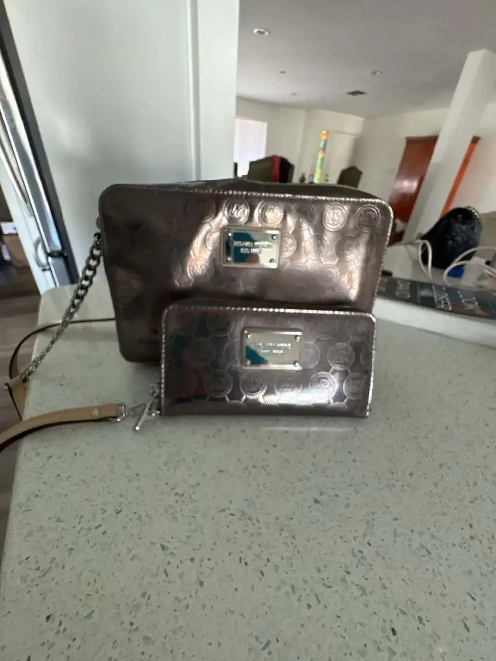 Michael Kors Metallic Logo Print Crossbody Bag and Matching Wallet Set